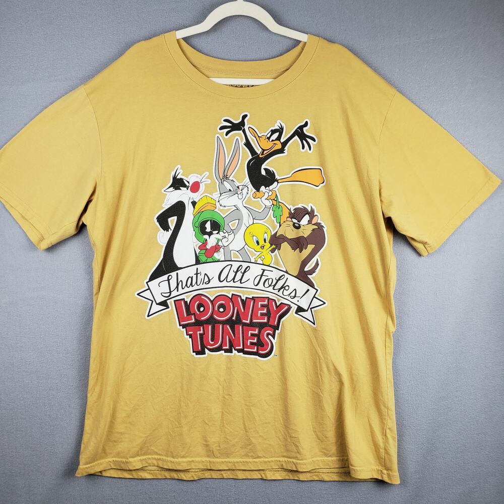 Looney Tunes Size XXL Graphic Tee Shirt Yellow Thats All Folks Taz Marvin‎ Bugs